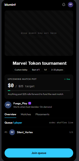 BluMint event page for a Marvel Tokon king of the hill with a join queue button