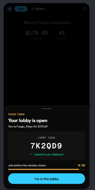Lobby code screen with a countdown to join the match