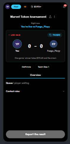 Live match screen against the crown holder with the score and report result button