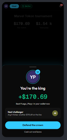 Winner screen reading you're the king with the payout in your wallet
