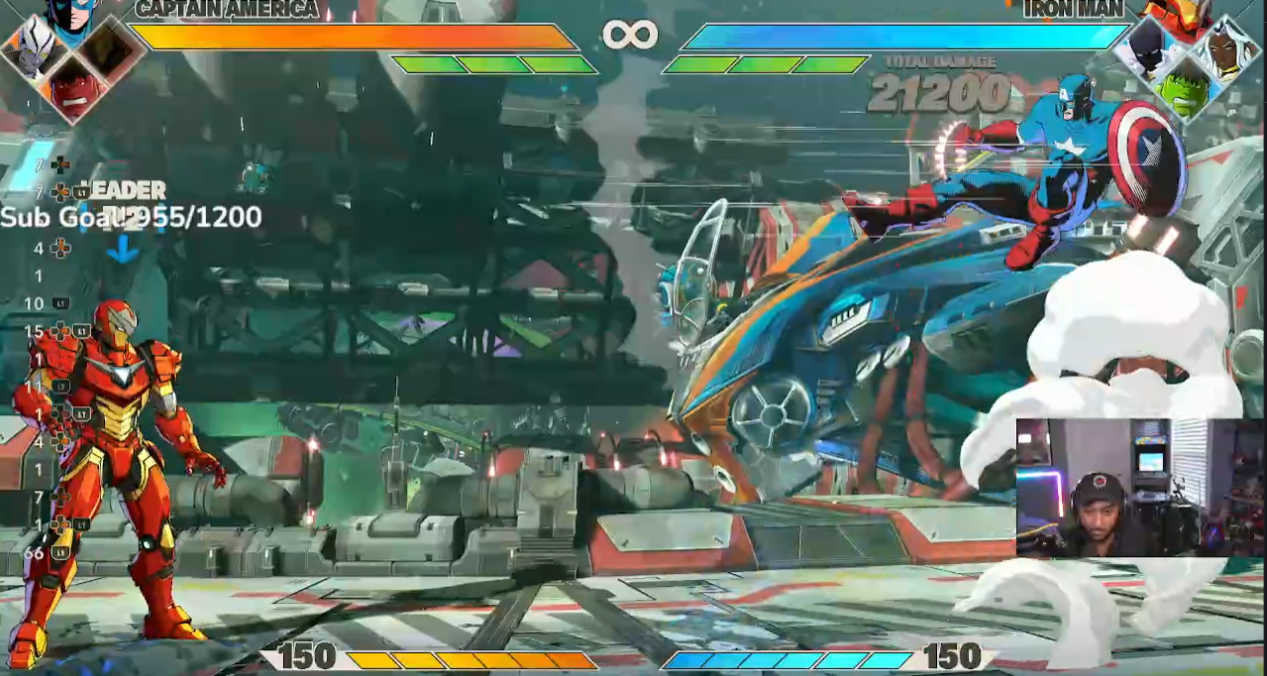 A fighting game stream with the streamer's webcam in the corner