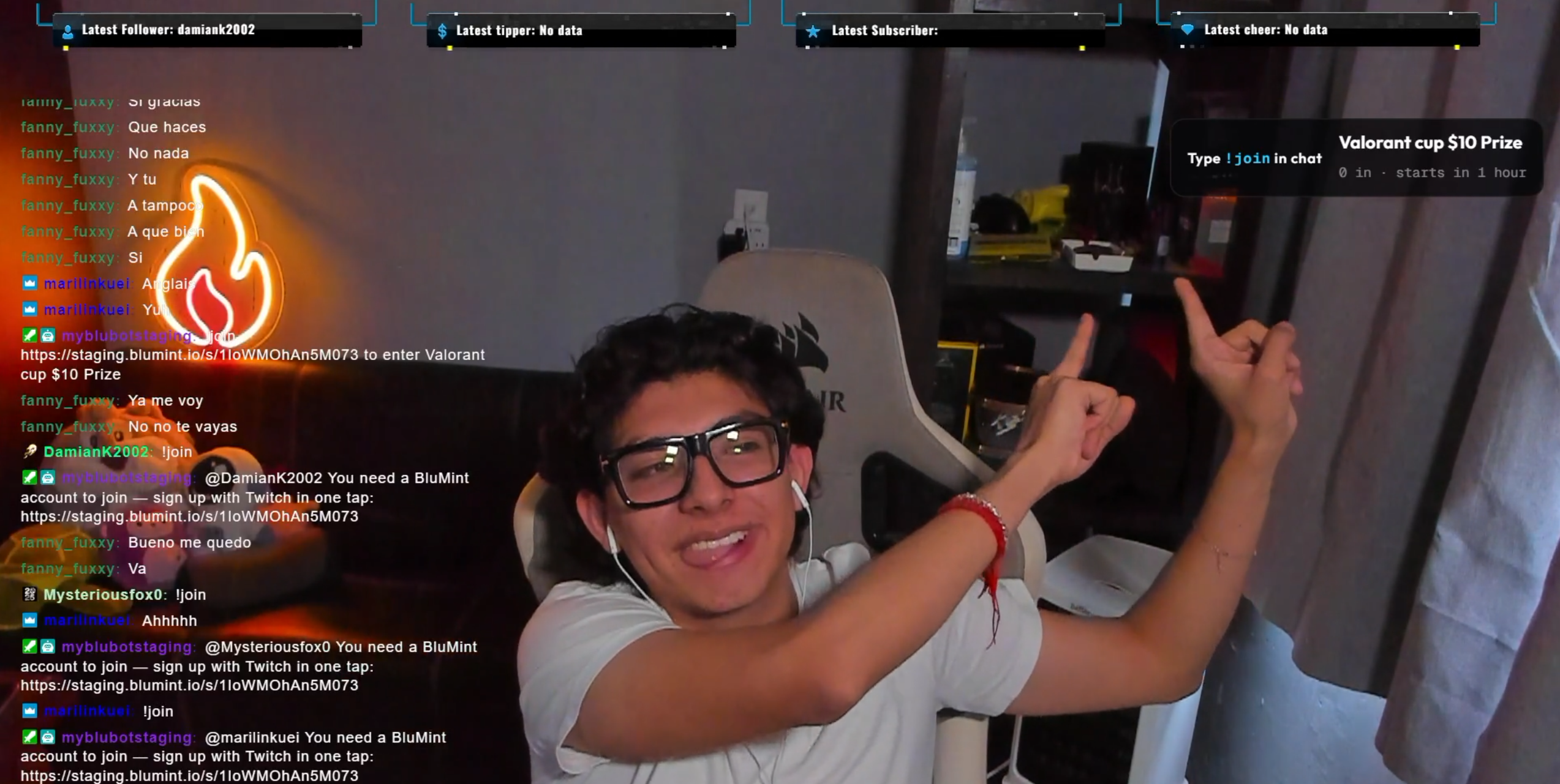 A live Twitch stream with BluBot posting the !join link in chat and the BluMint tournament card overlay on screen